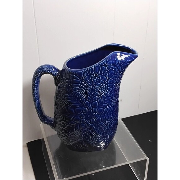 Beaver Farm Pottery Floral Cobalt Blue Water Pitcher  Ice Tea - Picture 1 of 7
